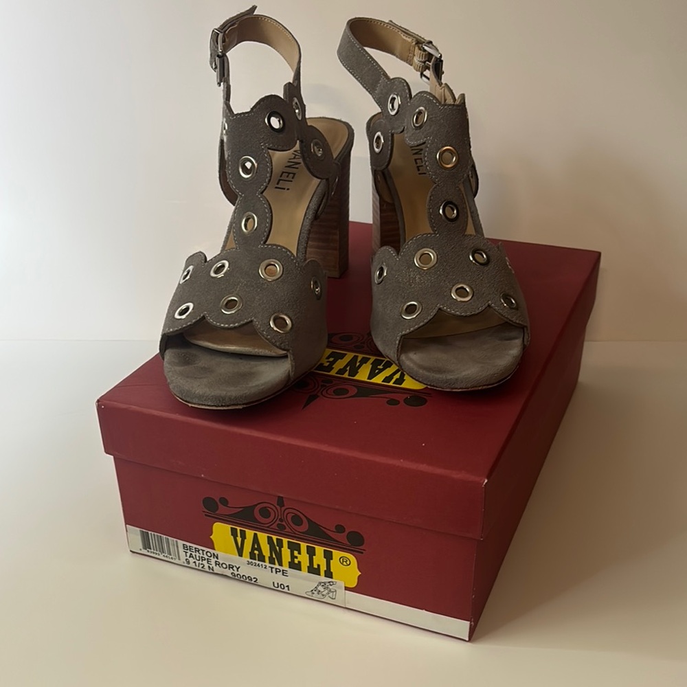 Vaneli Berton - Gray Suede Heels with Studded Straps and Chunky Heel